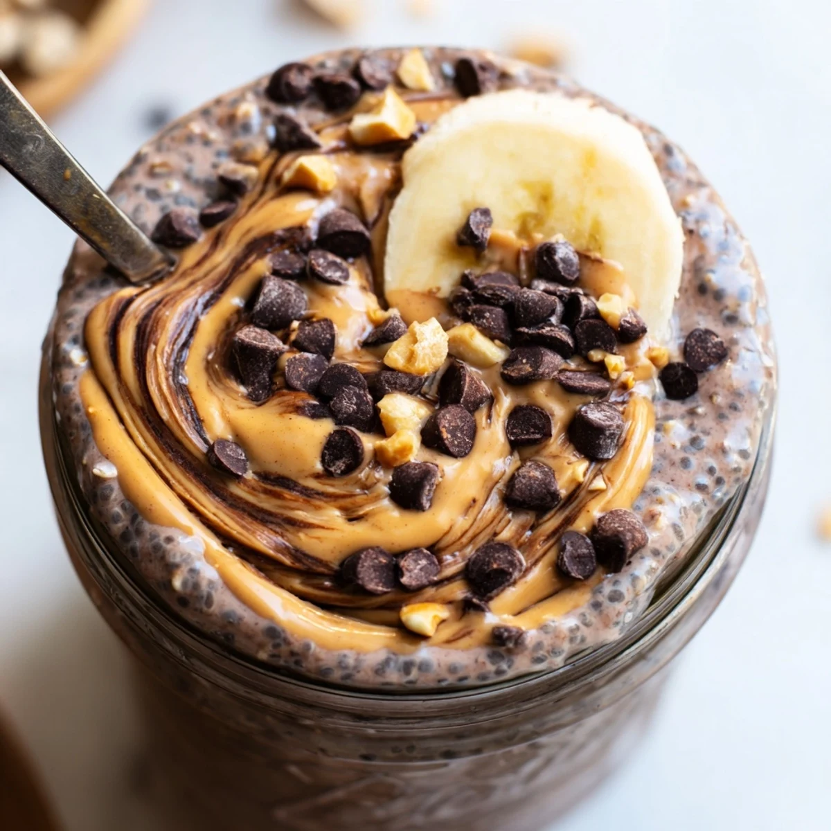 Rich chocolate peanut butter overnight oats garnished with chopped peanuts and a silver spoon