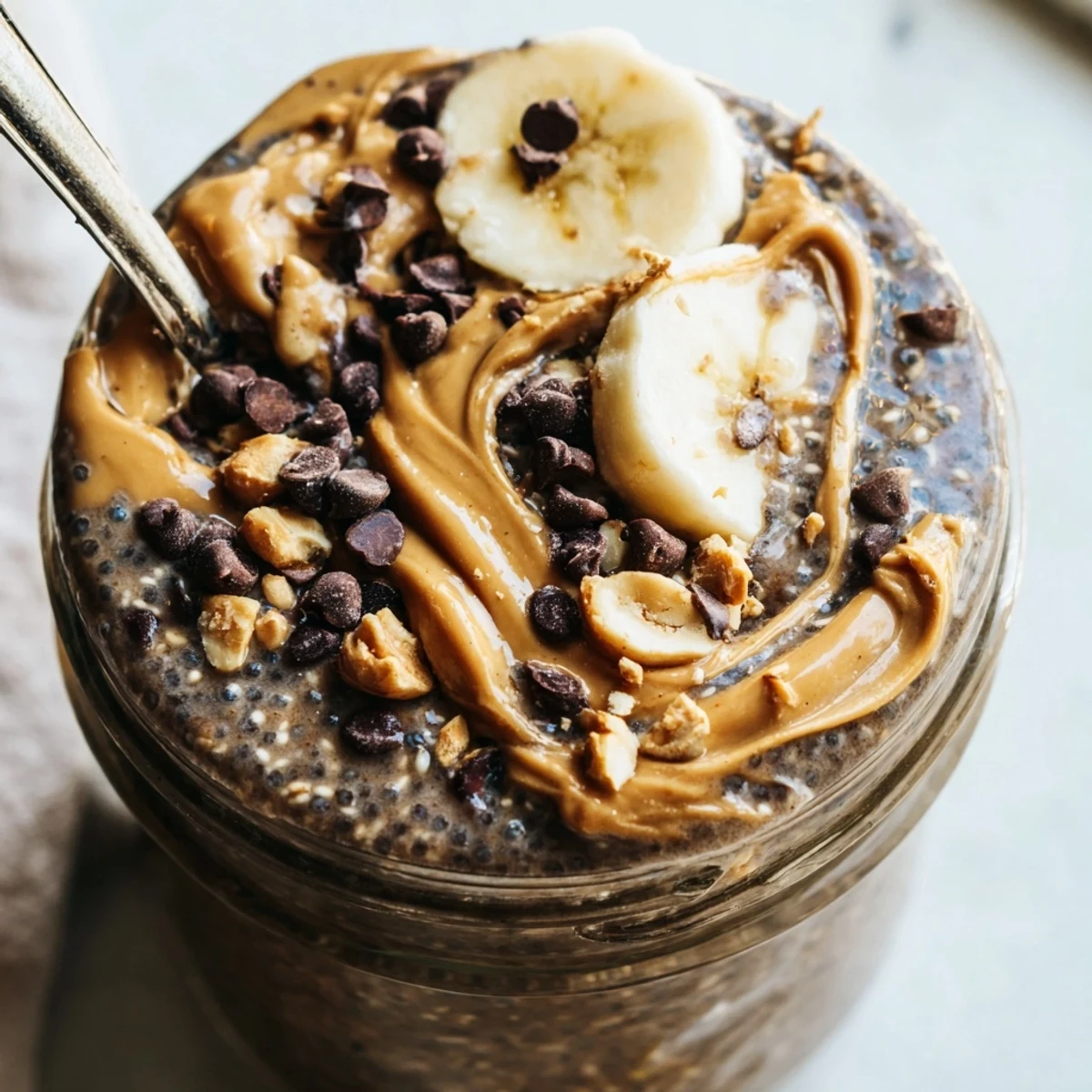 Thick chocolate peanut butter overnight oats served in a mason jar with banana slices