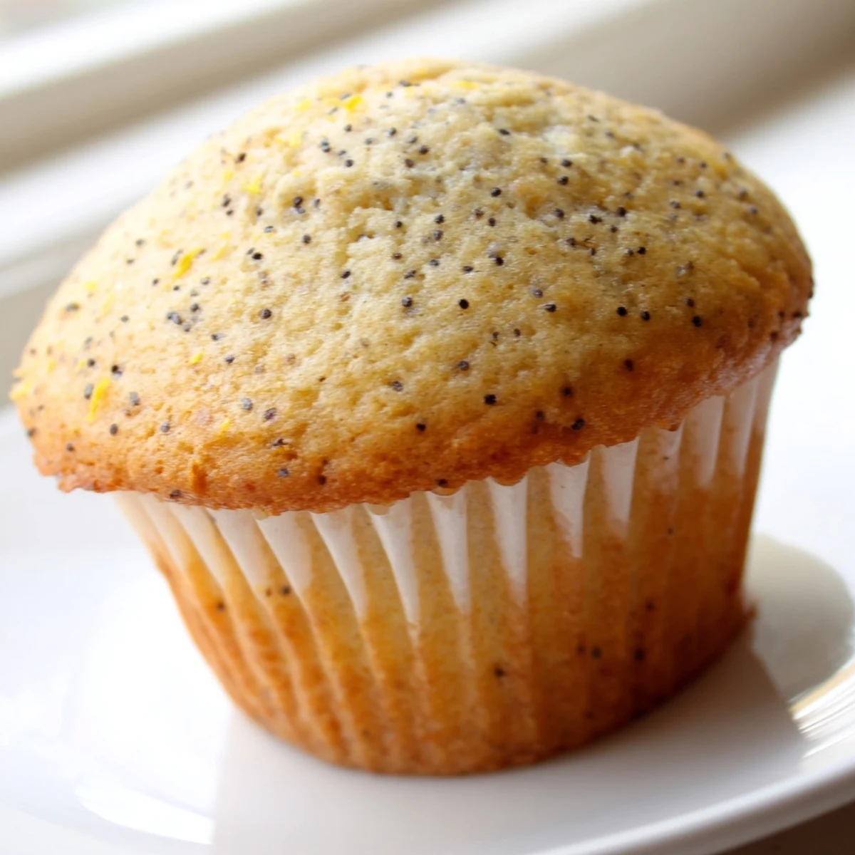 Golden lemon poppy seed muffins with domed tops fresh from the oven on a cooling rack