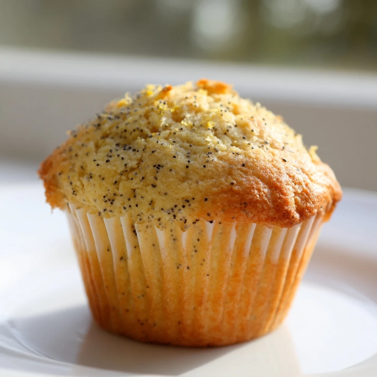 Moist lemon poppy seed muffins topped with sparkling sugar crystals beside a wedge of fresh citrus