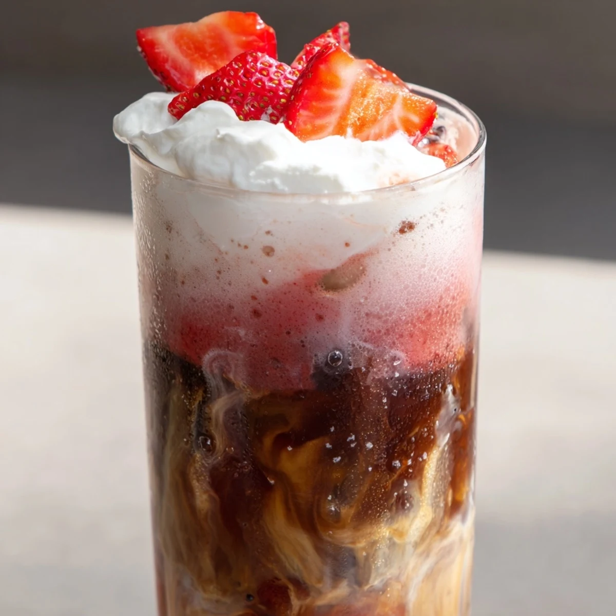 Creamy strawberry cold latte in a tall glass with swirled pink layers and ice
