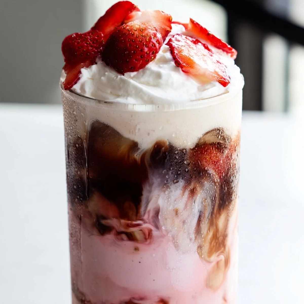 Refreshing strawberry cream cold latte topped with whipped cream and fresh berry garnish