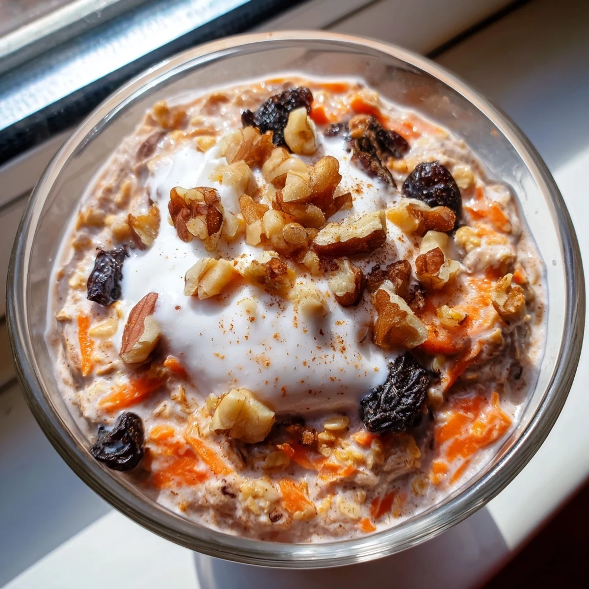 Carrot Cake Overnight Oats in a glass jar topped with chopped walnuts and a cinnamon sprinkle