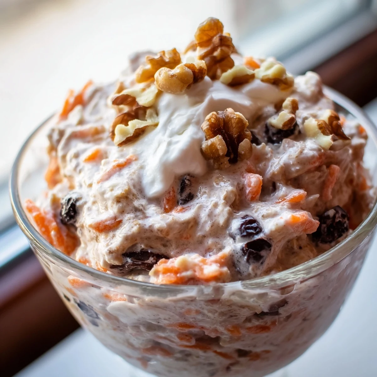 Creamy Carrot Cake Overnight Oats with grated carrots, raisins, and a dollop of Greek yogurt