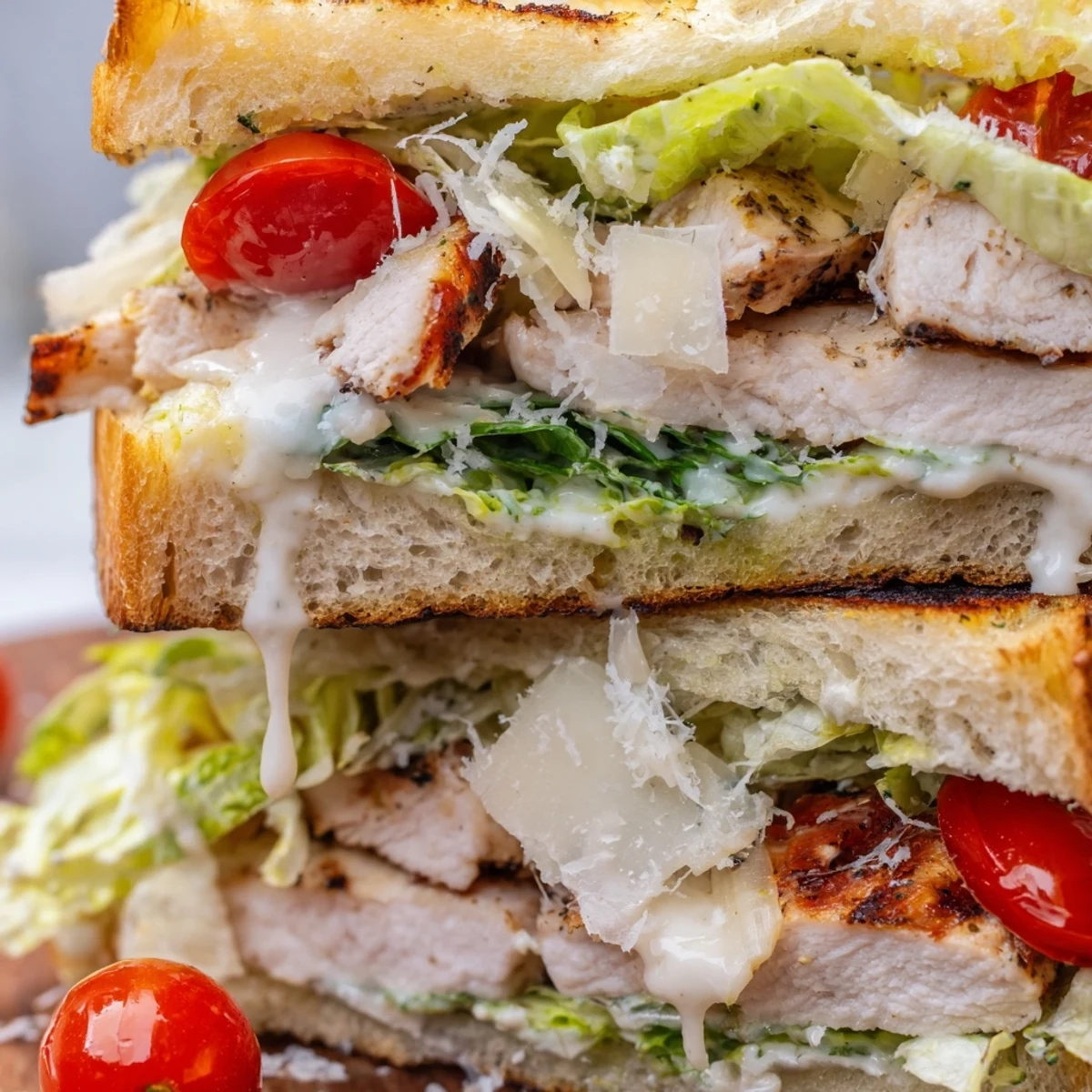 Grilled Chicken Caesar Sandwich with crisp romaine and parmesan on golden toasted ciabatta