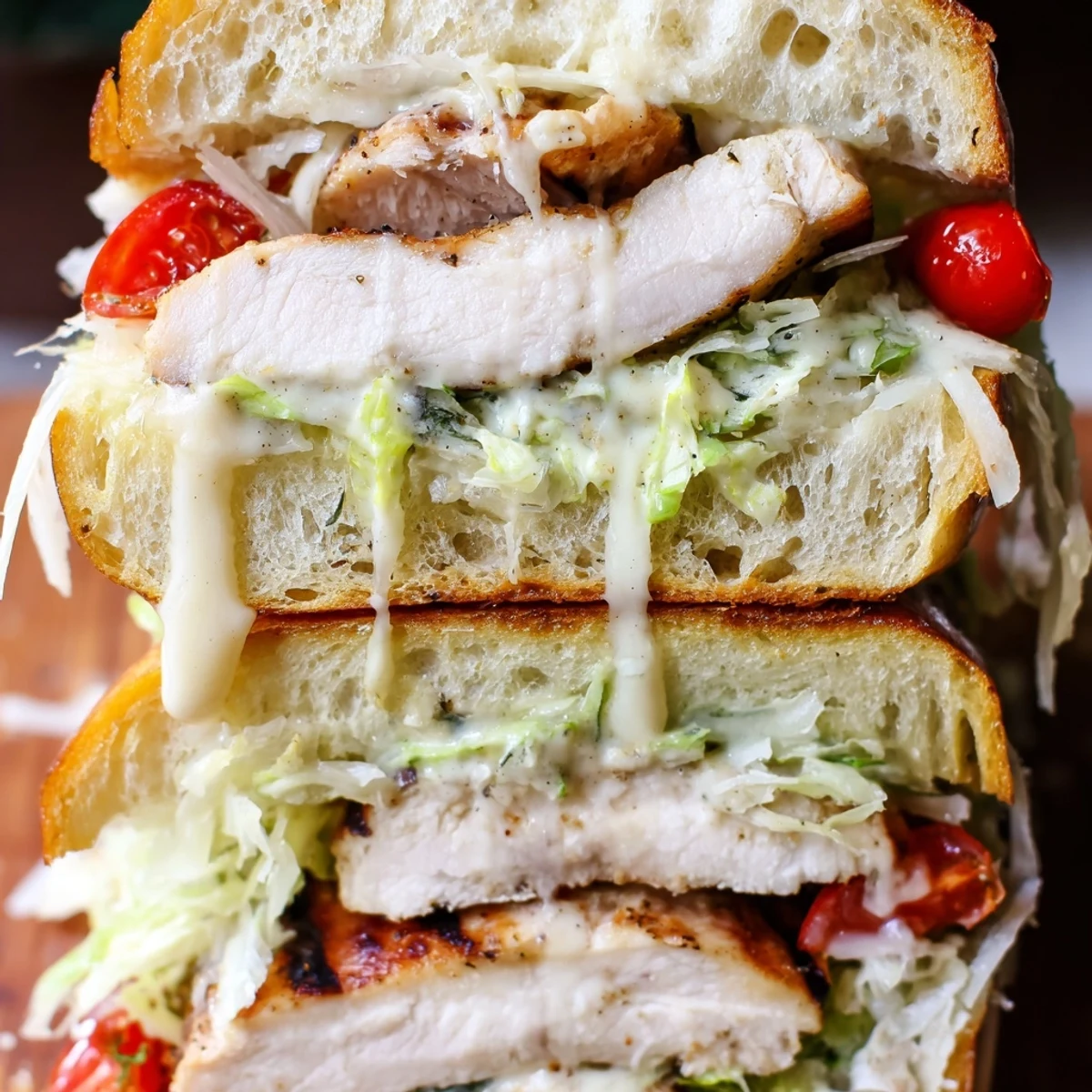 Juicy sliced Chicken Caesar Sandwich topped with creamy dressing and fresh shredded lettuce