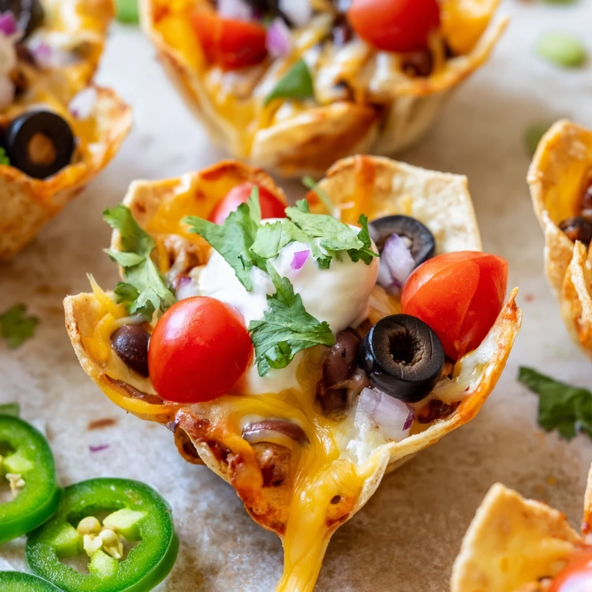 Crispy cheesy nacho cups brimming with melted cheese and colorful fresh toppings