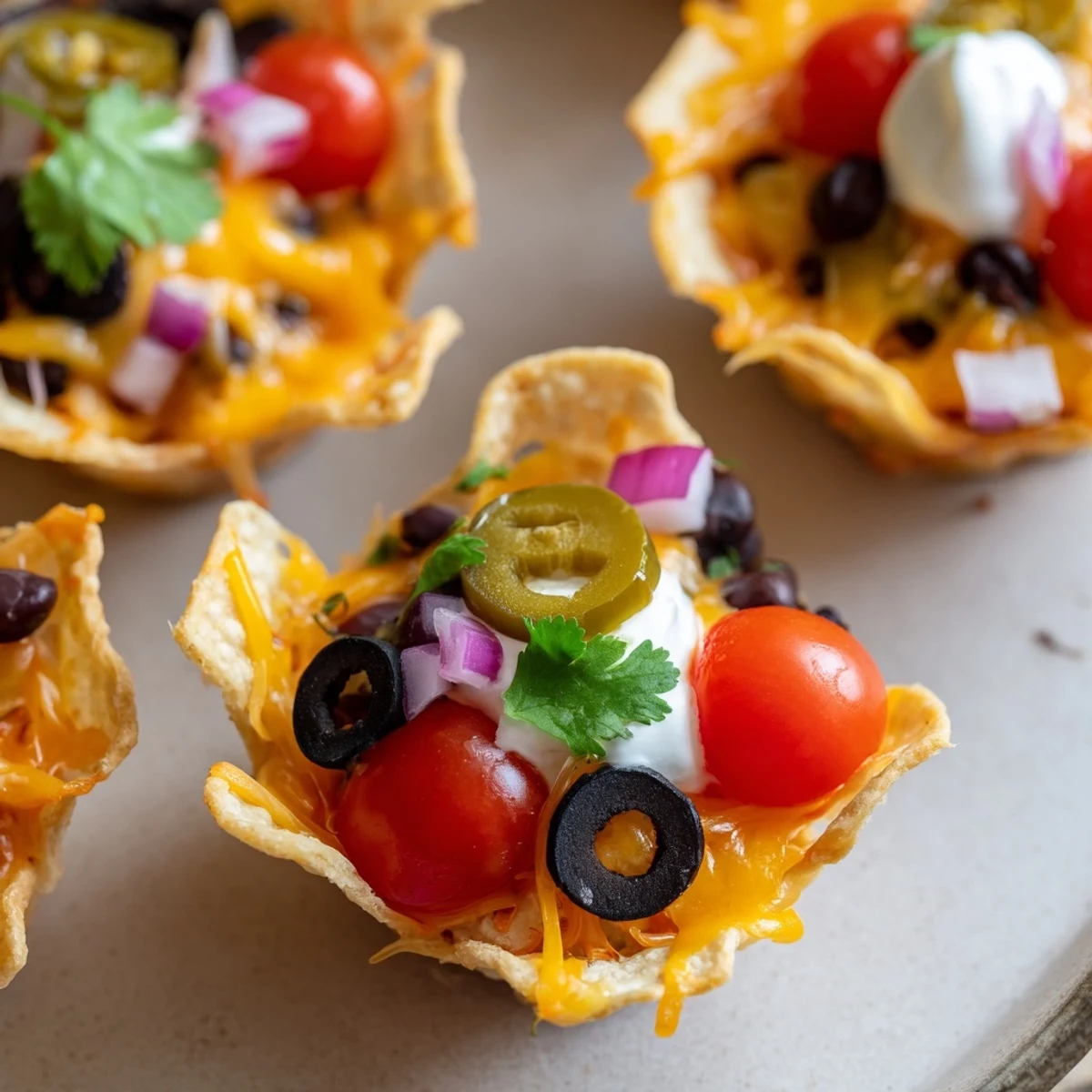 Golden tortilla cups oozing with melted cheddar and zesty game day flavors