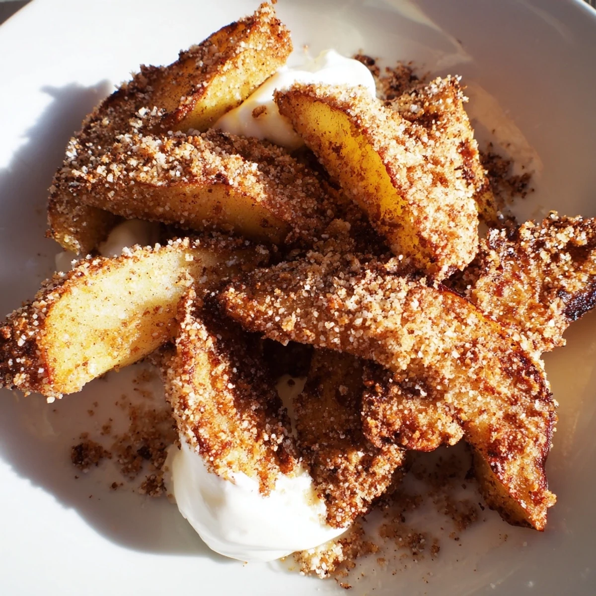 Golden crispy air fryer apple slices coated in warm cinnamon sugar, served fresh from the basket.