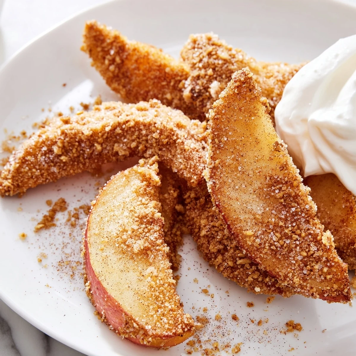 Crispy air fryer apples with a crunchy oat topping, plated on rustic white dishware.