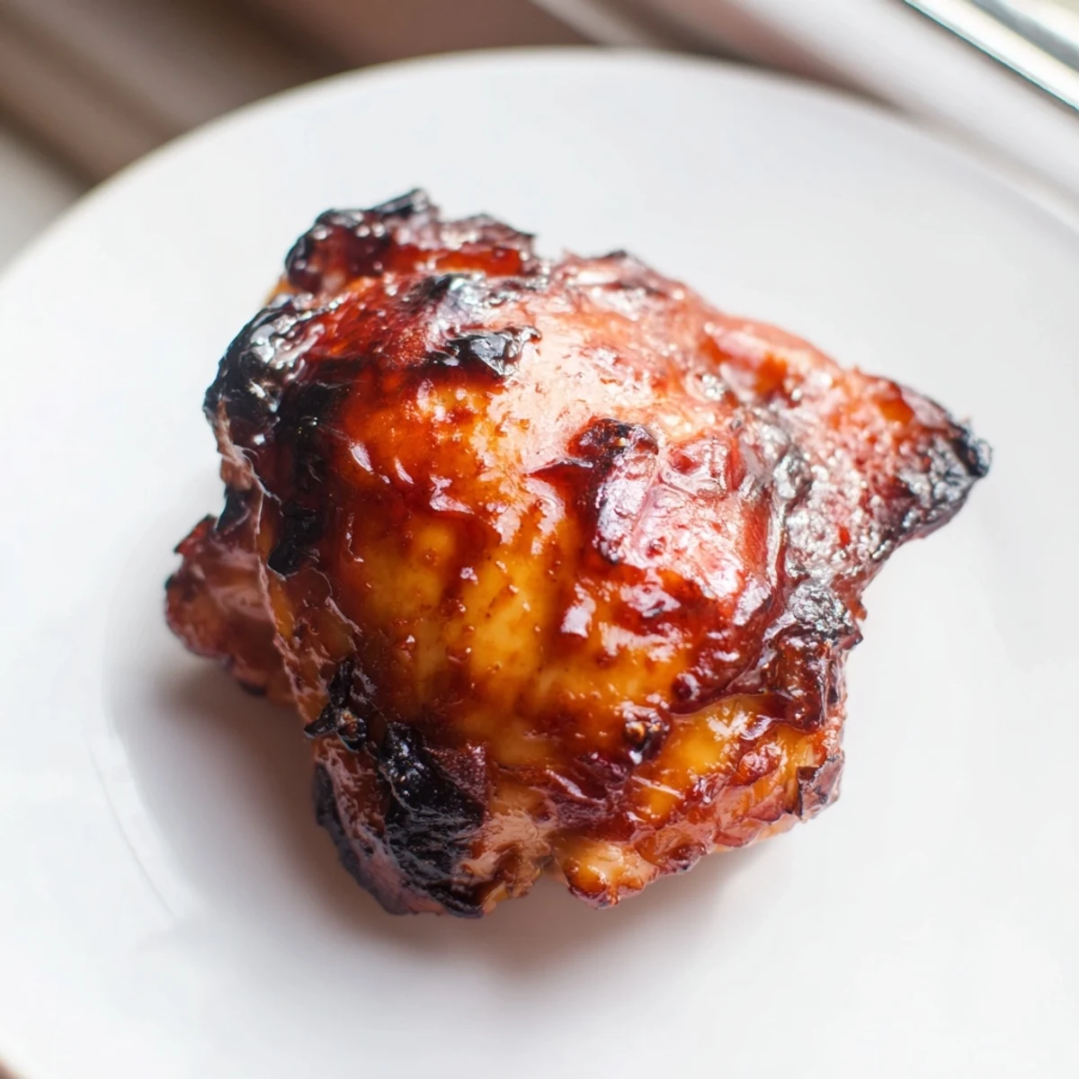 Glistening savory glazed chicken with crispy golden potatoes and fluffy herb rice on a white plate