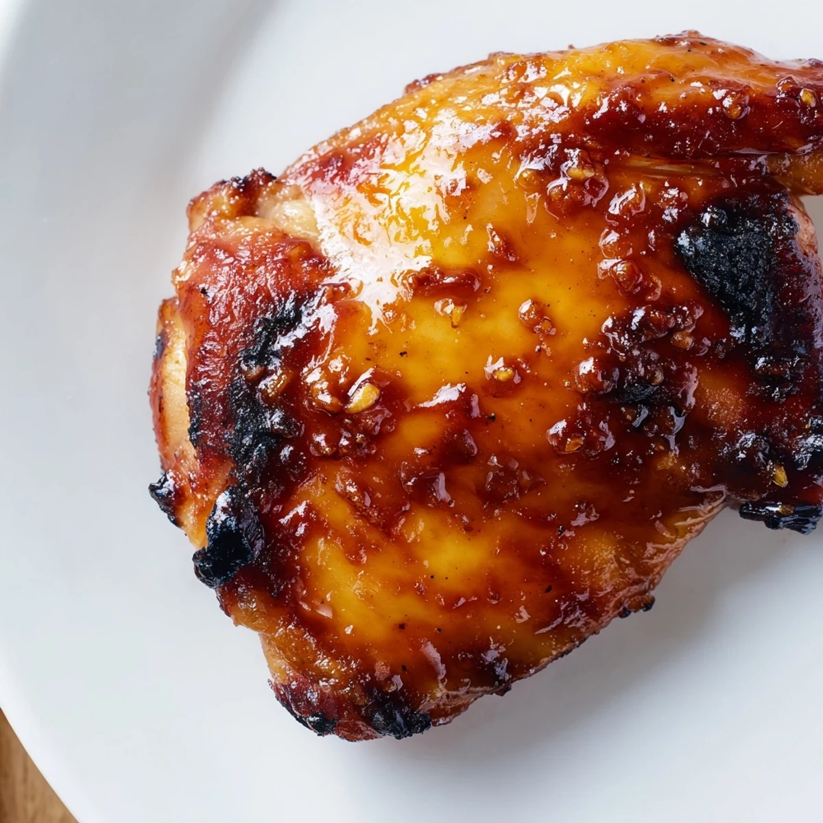 Juicy glazed chicken thigh drizzled with glossy sauce beside fragrant green herb rice and roasted potatoes