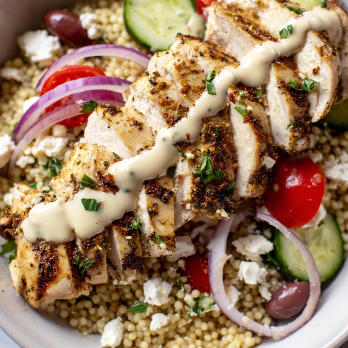 Golden Mediterranean chicken couscous bowl with fresh vegetables and creamy tahini drizzle