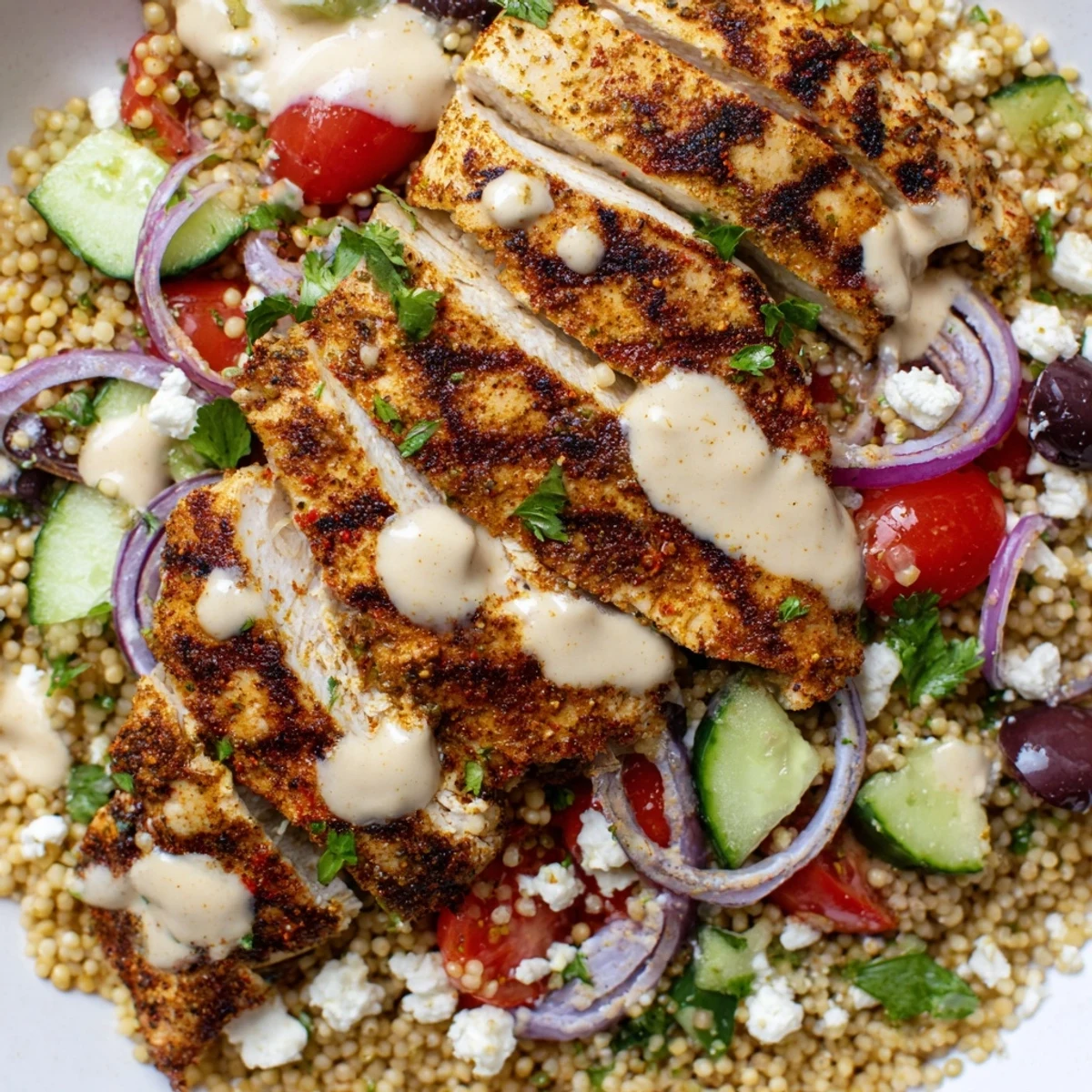 Fluffy couscous topped with spiced chicken, crisp cucumbers, tomatoes, and tangy lemon sauce