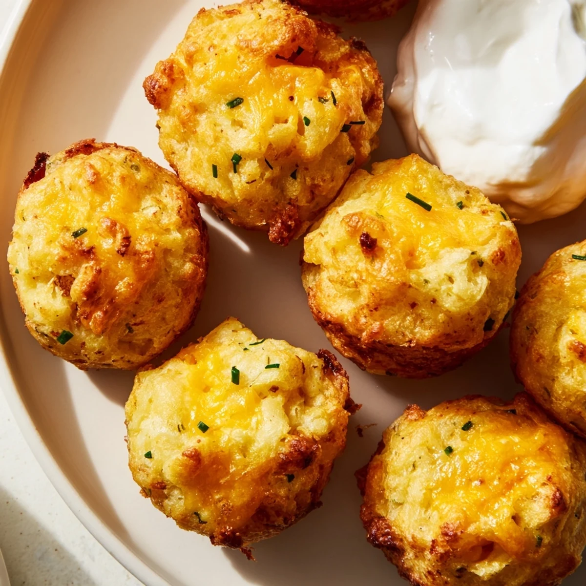 Golden Mashed Potato Cheese Puffs served warm with fresh chives and sour cream