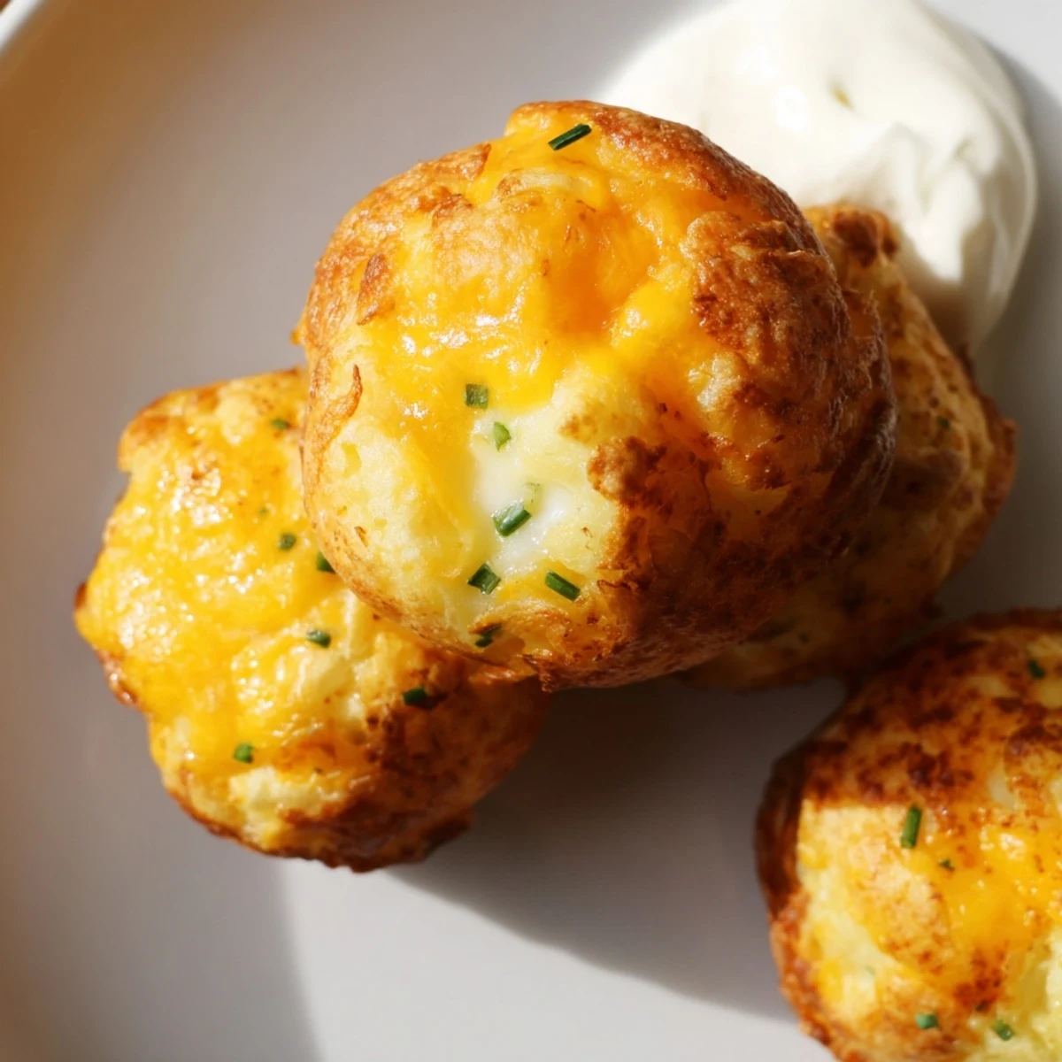 Crispy baked Mashed Potato Cheese Puffs with melted cheddar on a rustic baking sheet