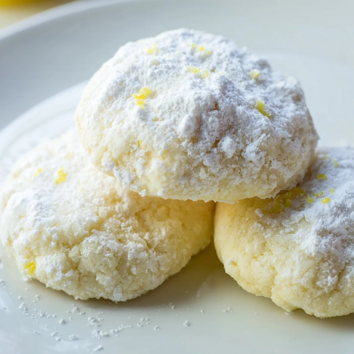 Melt-in-your-mouth Lemon Meltaways dusted with snowy powdered sugar on a rustic ceramic plate