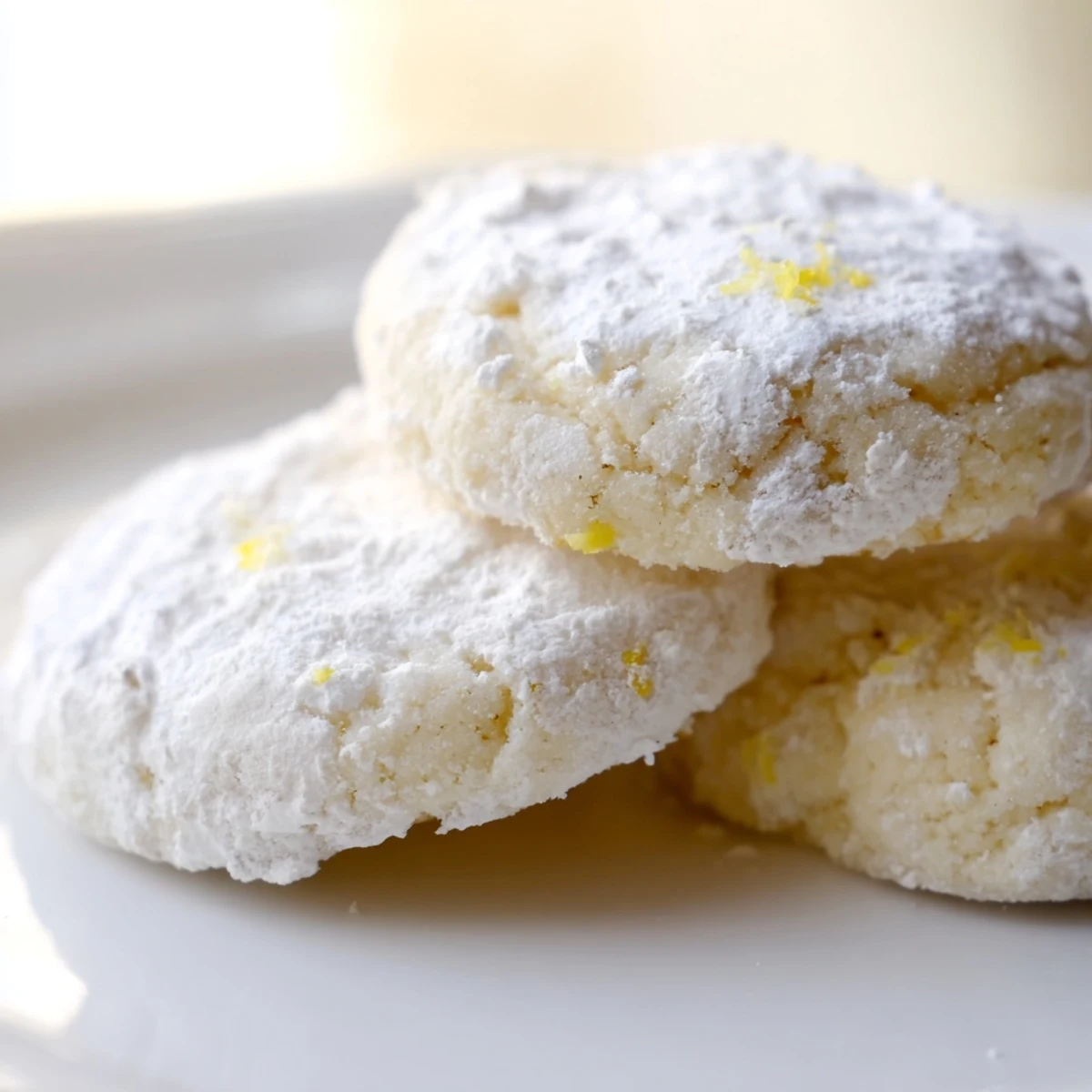 Golden-edged Lemon Meltaways arranged on parchment paper, freshly baked and coated in sweet powdered sugar