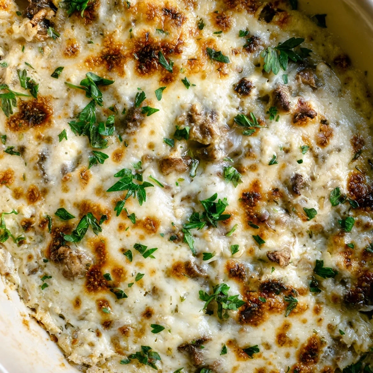 Creamy stuffed mushroom dip bubbling with melted cheese in a golden oven-baked dish