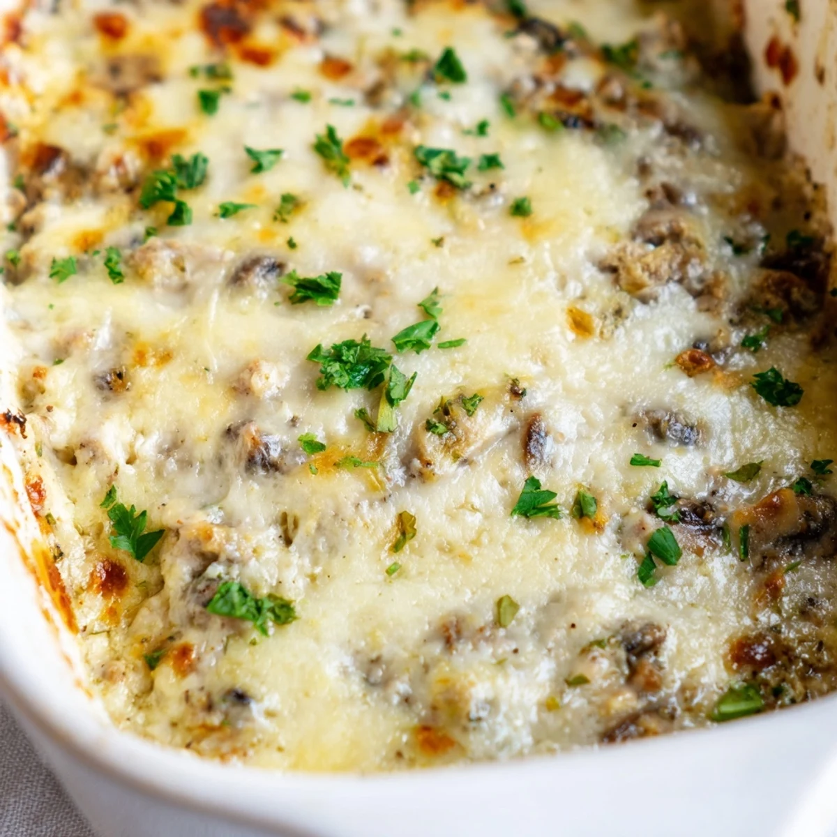 Warm stuffed mushroom dip served in a rustic skillet with toasted baguette slices