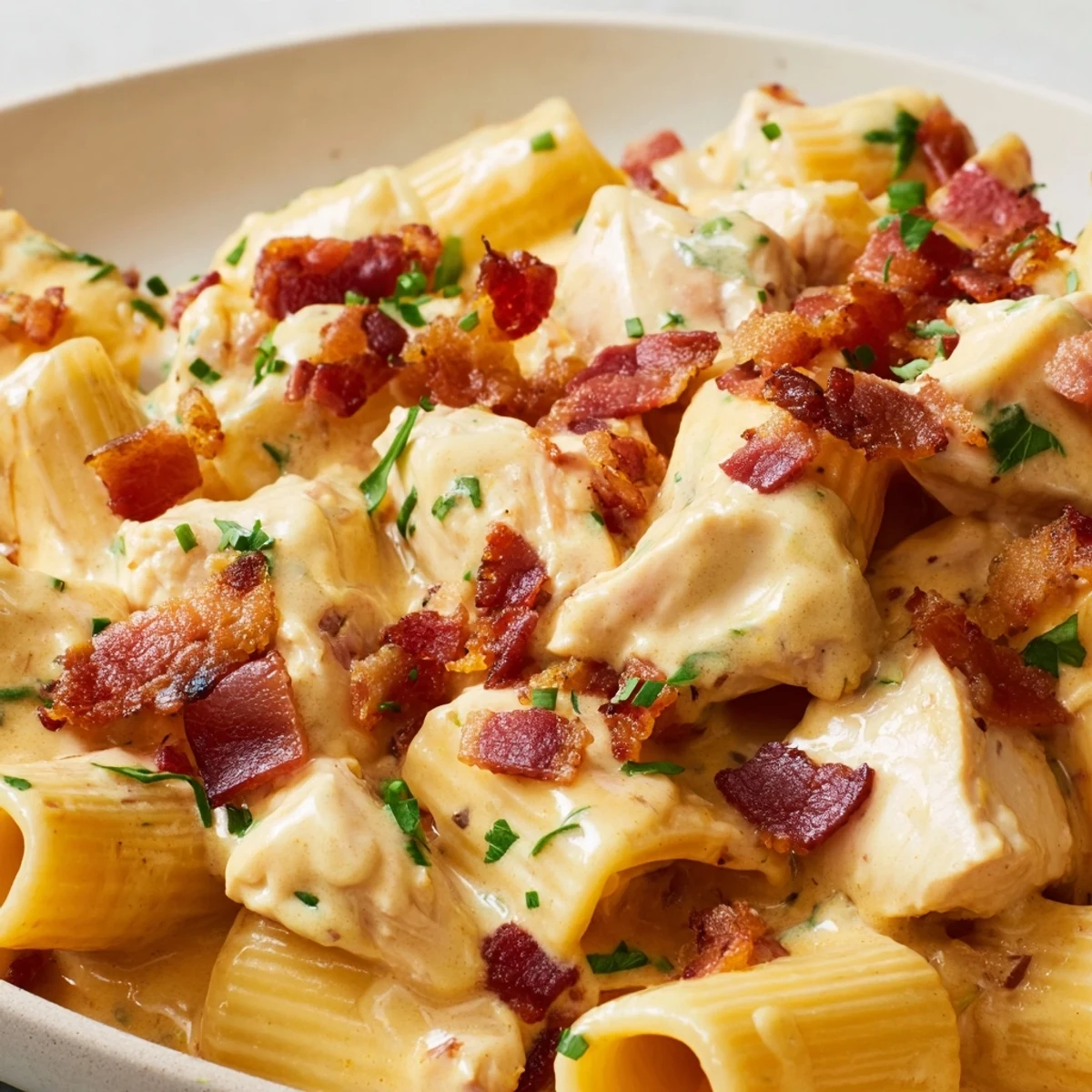 Creamy Crack Chicken Pasta topped with crispy beef bacon and fresh herbs in golden sauce