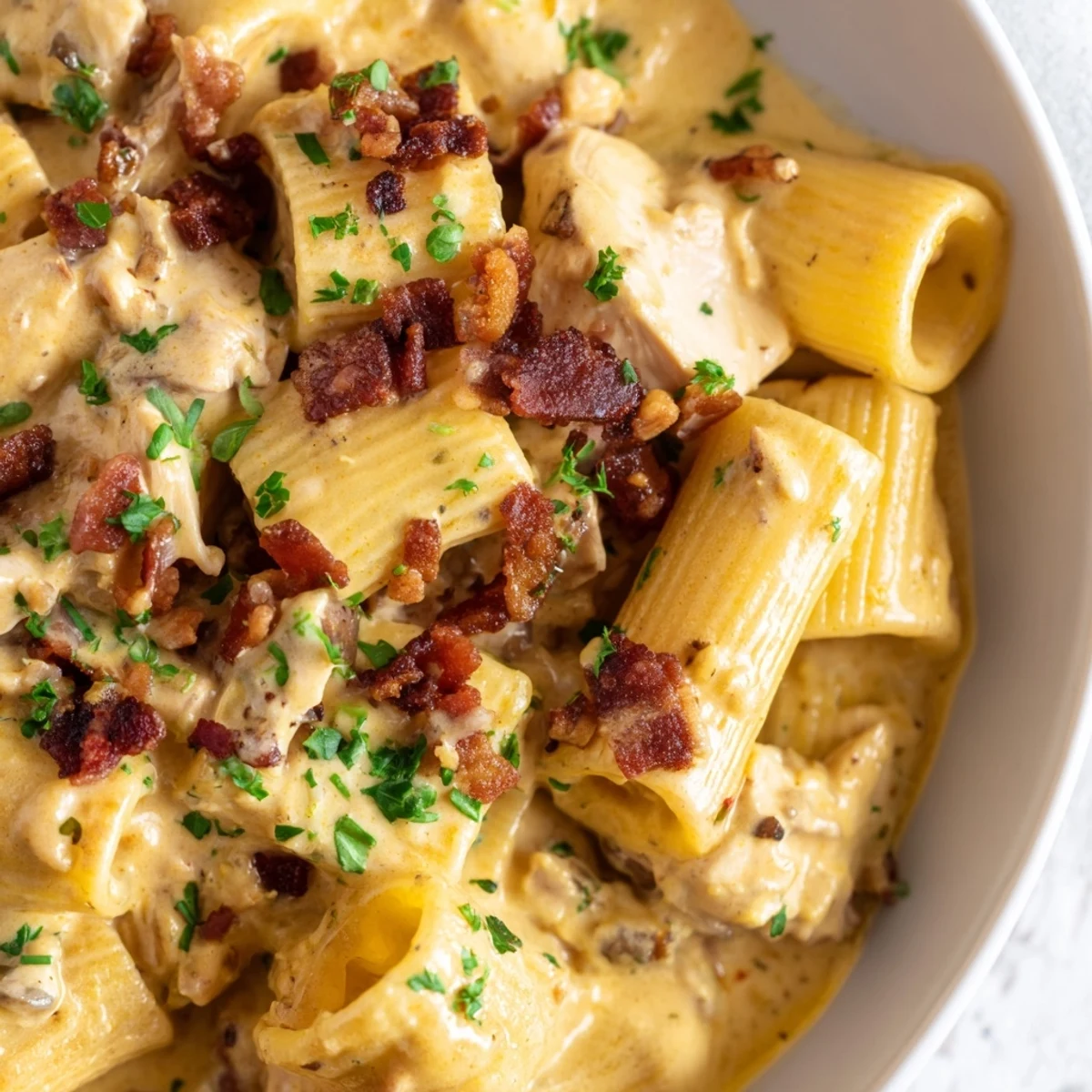 Warm bowl of Creamy Crack Chicken Pasta with tender chicken and velvety cheese sauce