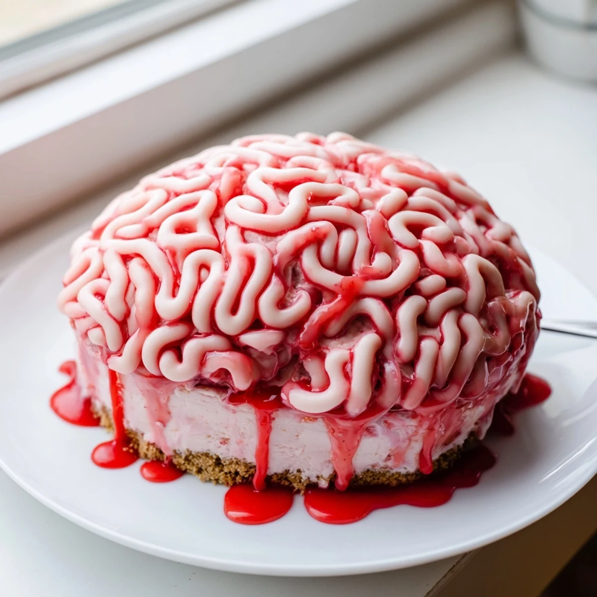 Creepy No Bake Strawberry Cheesecake Brain with pink chocolate squiggles and bloody berry drizzle on a dark plate
