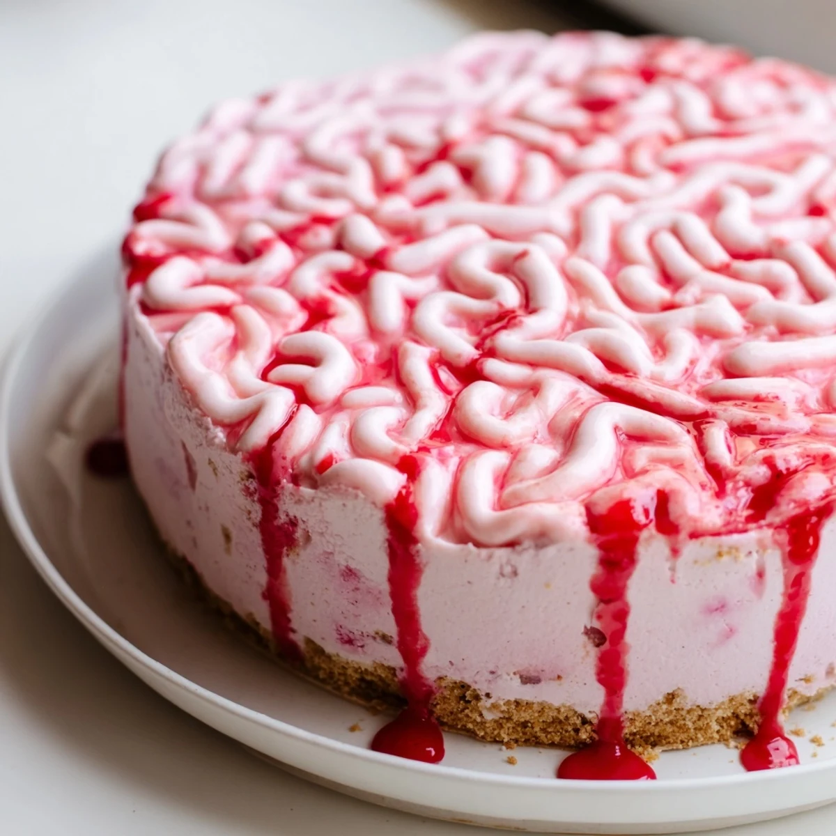 Festive No Bake Strawberry Cheesecake Brain decorated with swirls of melted white chocolate and ruby red coulis