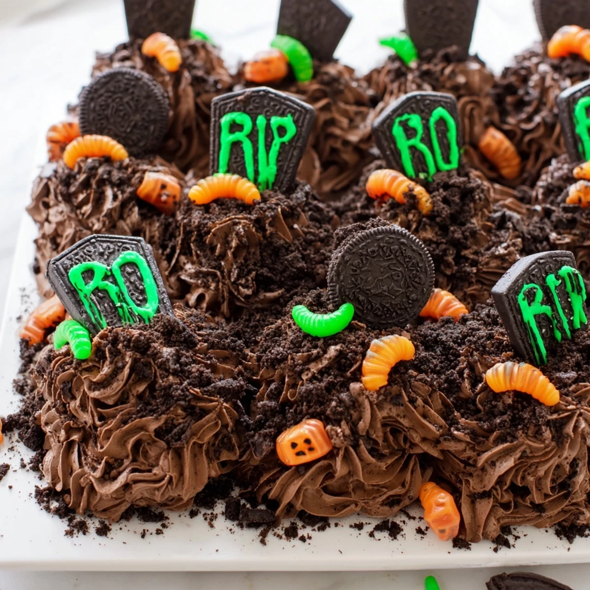 Pull Apart Graveyard Cupcakes topped with chocolate frosting and cookie dirt on a party tray