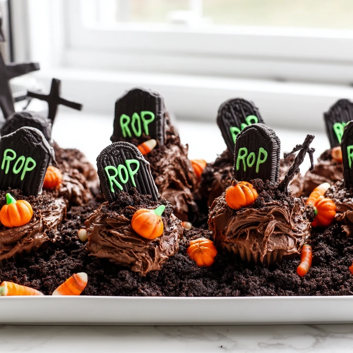 Creepy Pull Apart Graveyard Cupcakes decorated with tombstone cookies gummy worms and candy pumpkins
