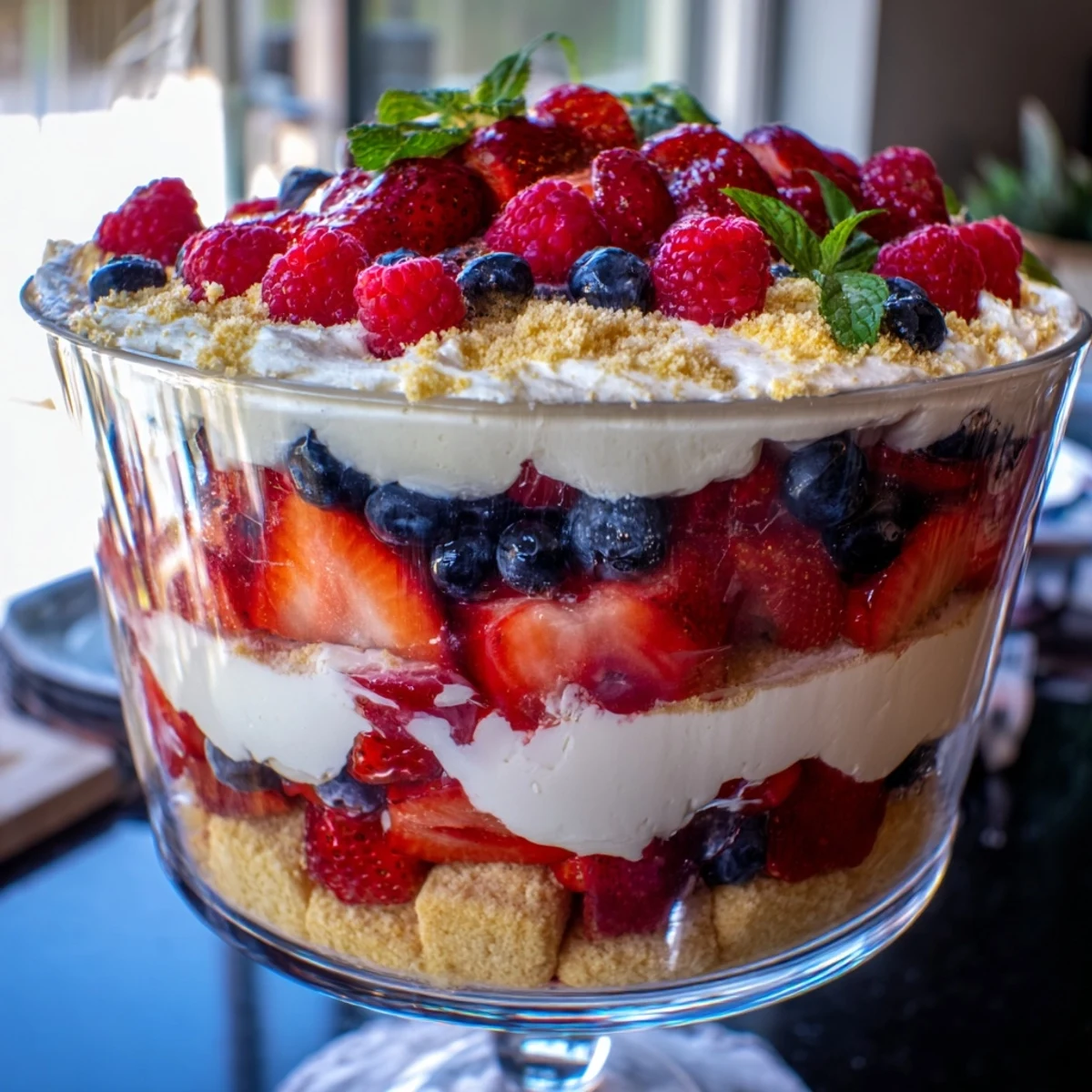 Creamy Red White Blue Mixed Berry Yum Yum layered with fresh strawberries and blueberries in a trifle glass