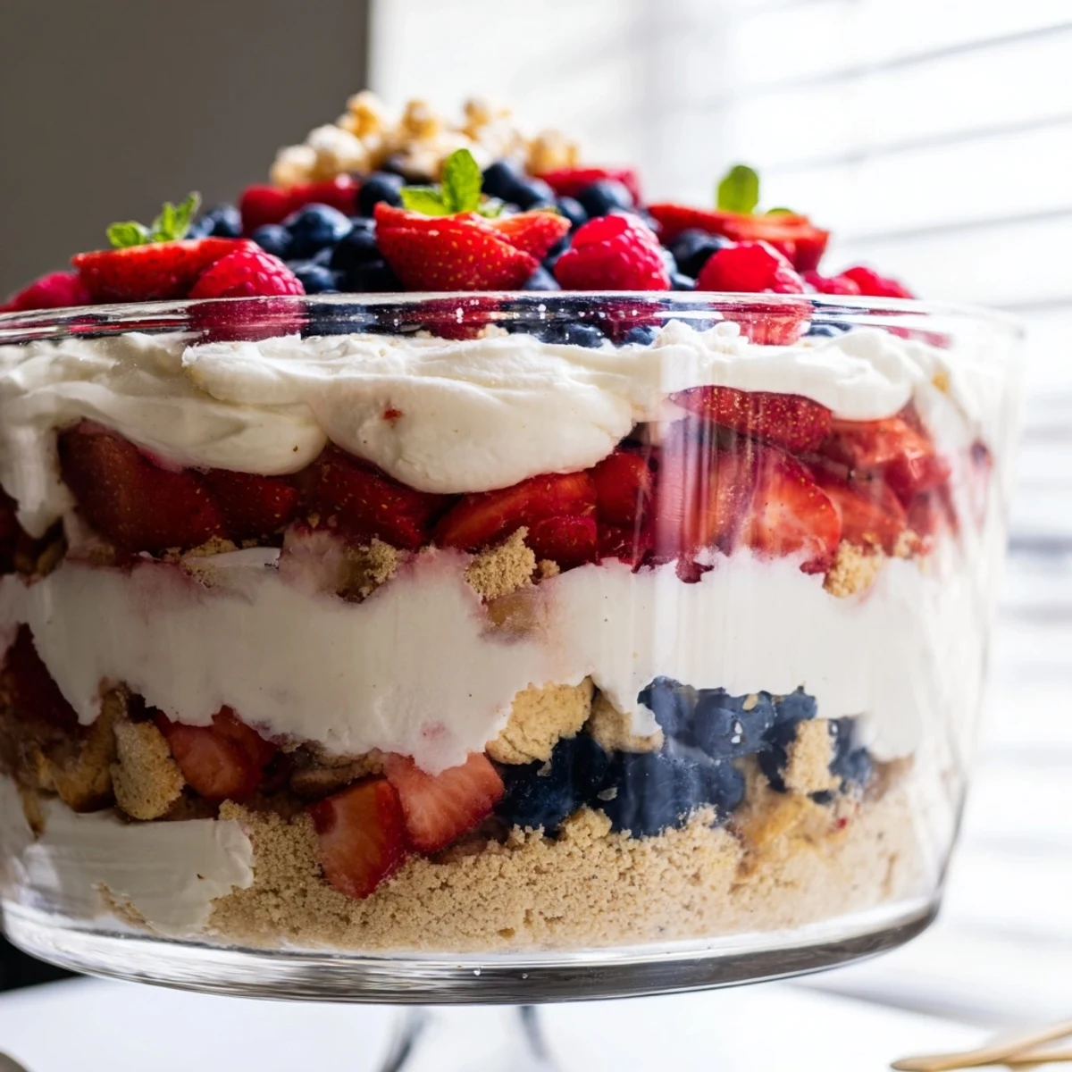 Red White Blue Mixed Berry Yum Yum topped with juicy raspberries and crushed shortbread cookie crumbles