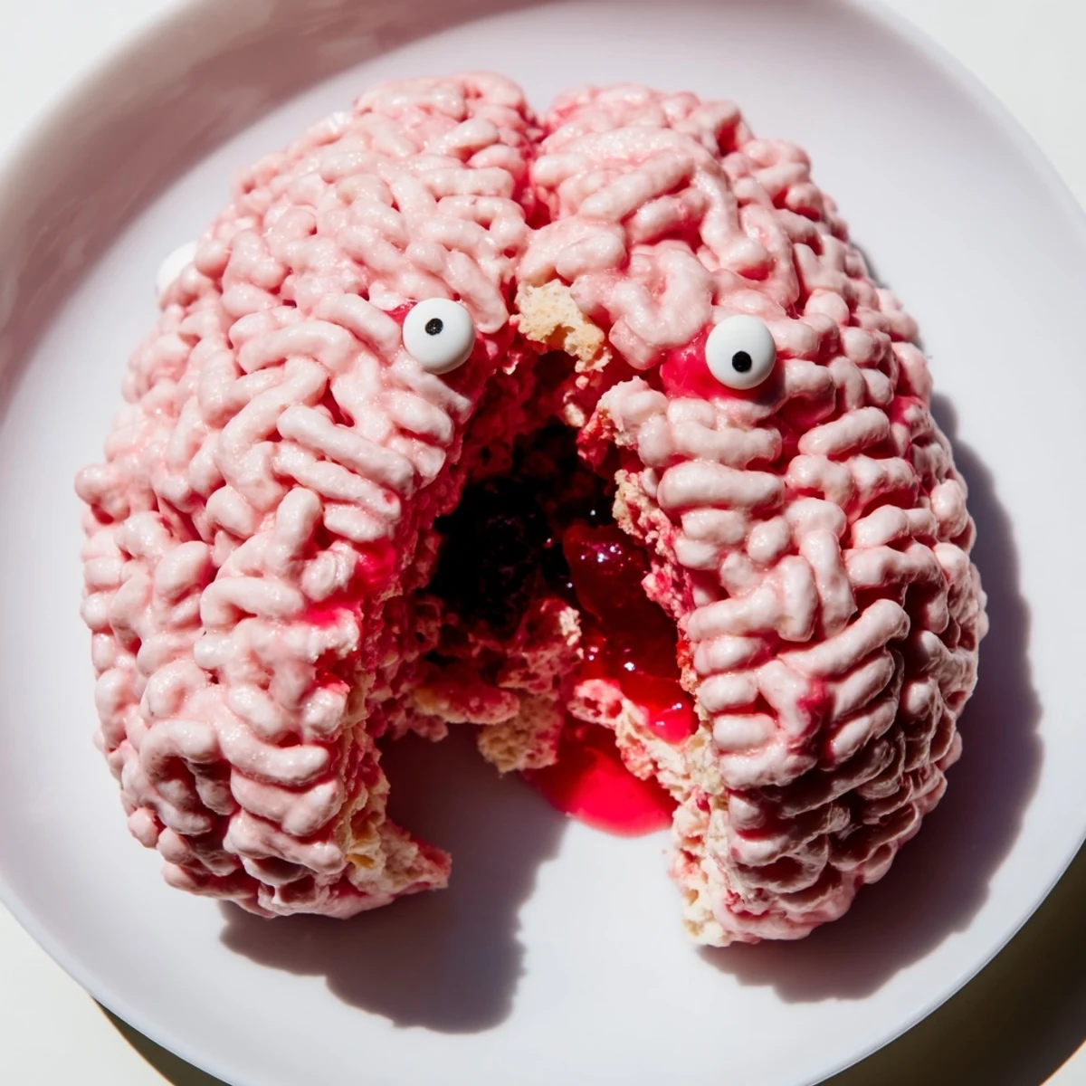 Spooky Stuffed Crispy Rice Cereal Brain sliced open revealing gooey red berry filling on a Halloween party plate