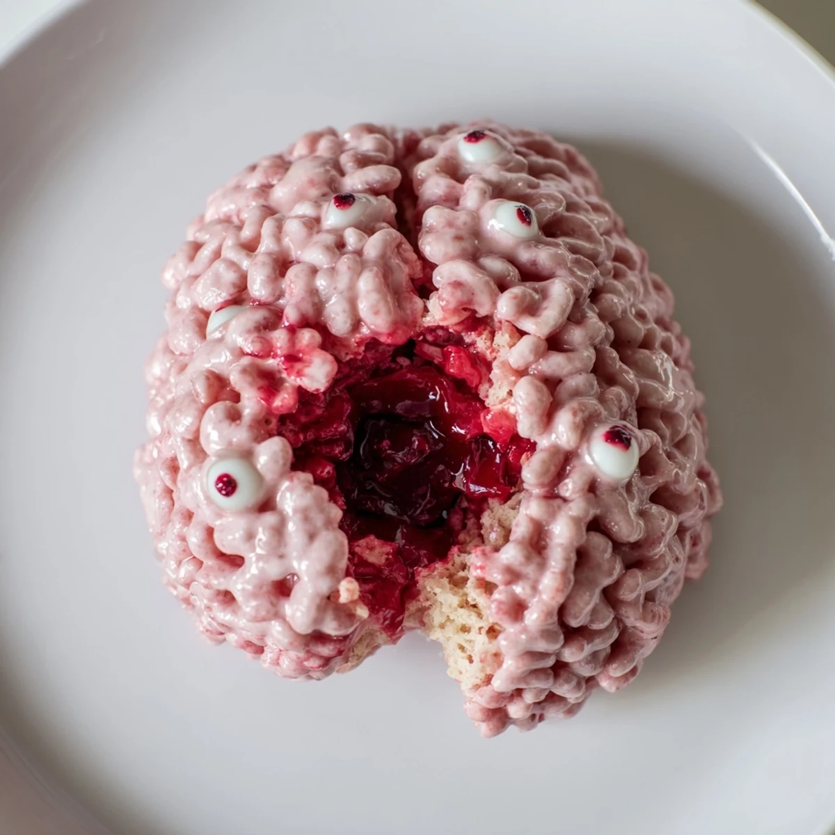 Pink molded Spooky Stuffed Crispy Rice Cereal Brain with textured ridges oozing raspberry jam on a dark platter