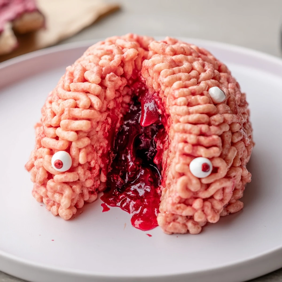 Close-up of Spooky Stuffed Crispy Rice Cereal Brain cut into wedges with sweet berry center dripping onto wax paper