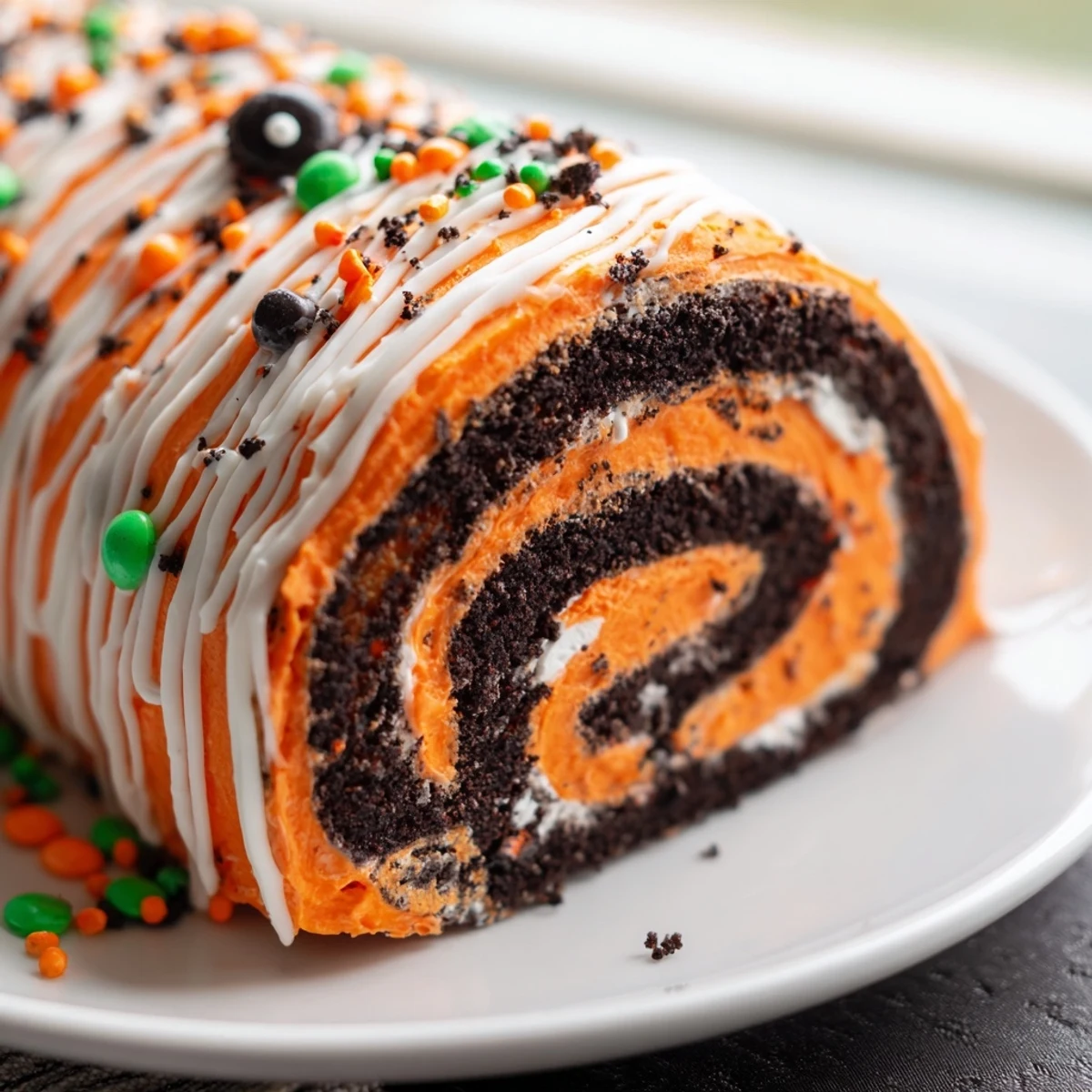 Creamy Halloween Oreo Roll slice with candy eyes and chocolate drizzle on a plate