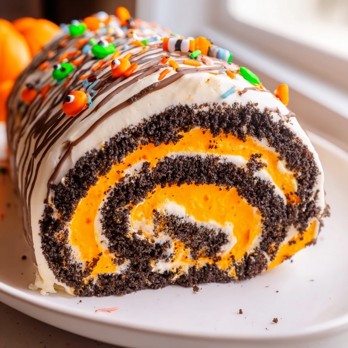 No bake Halloween Oreo Roll swirled with orange whipped cream and festive sprinkles