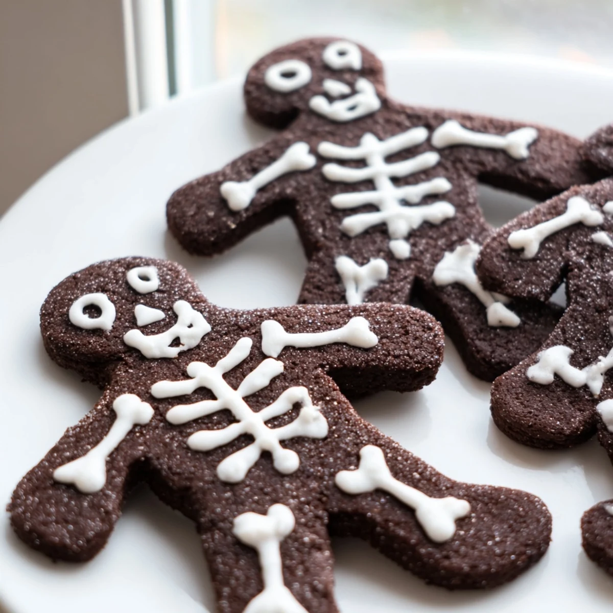 Dark chocolate cinnamon skeleton cookies with white icing bones on parchment paper