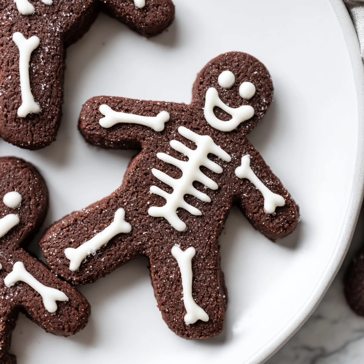 Spooky chocolate cinnamon skeleton cookies arranged on a rustic holiday serving platter