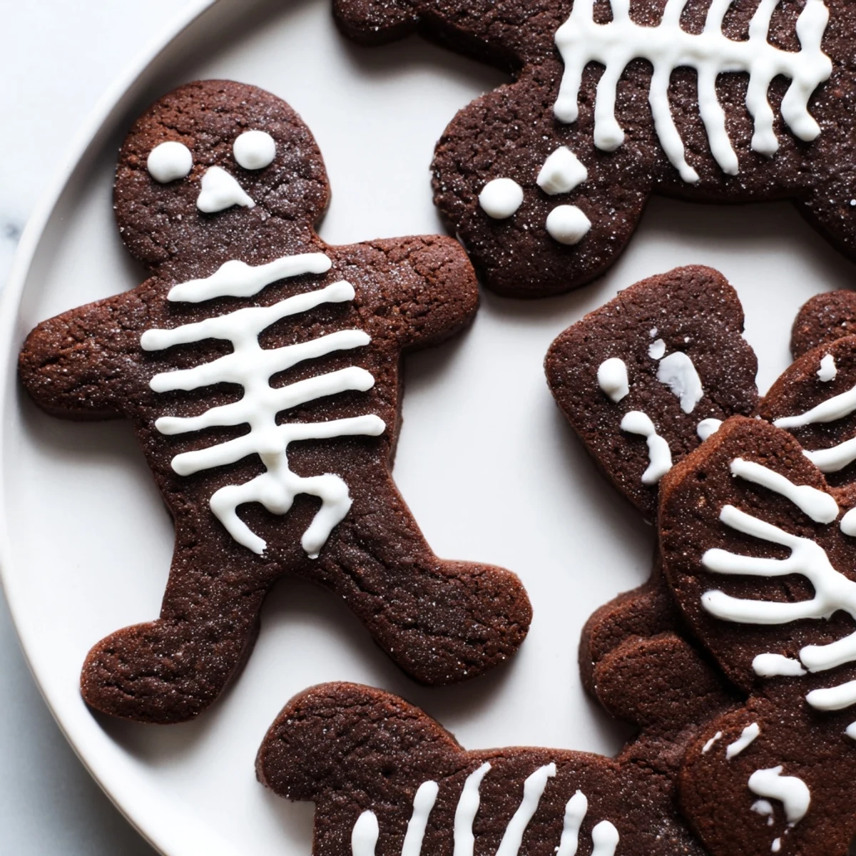 Chocolate cinnamon skeleton cookies decorated with intricate royal icing bone designs