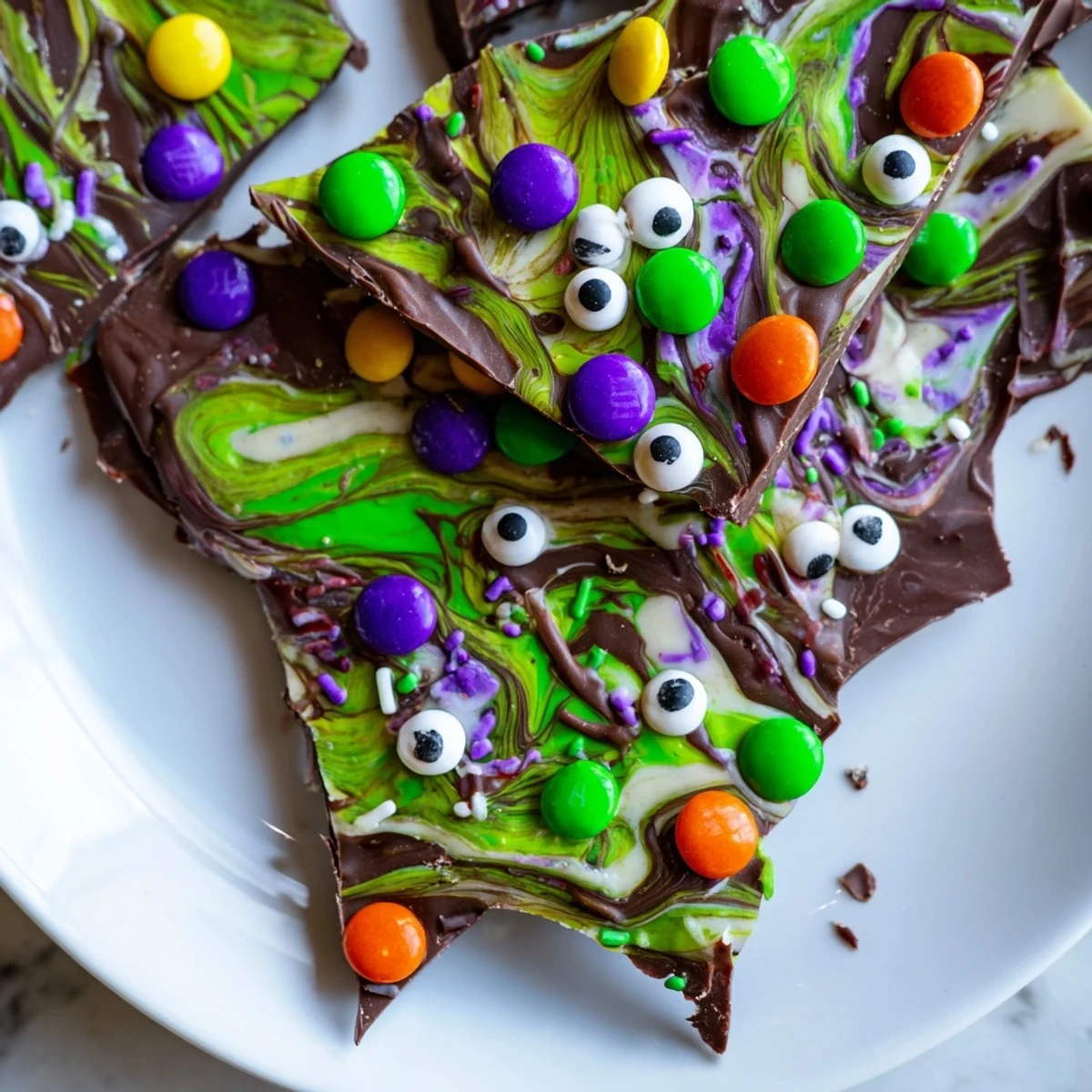 Melting Witches Bark with swirled chocolates and candy eyes on a parchment-lined baking sheet