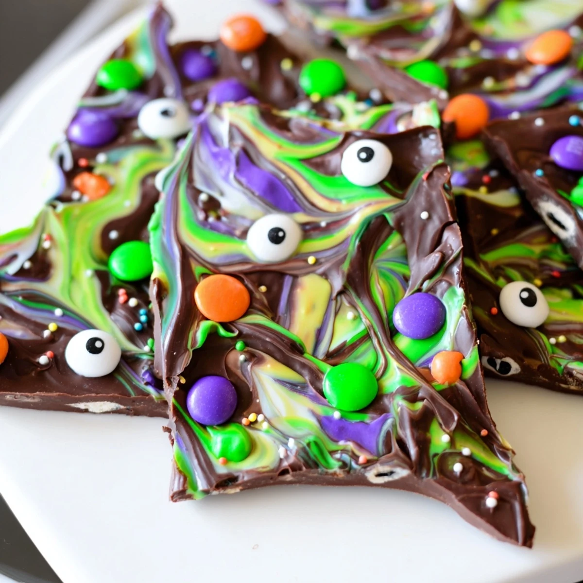 Colorful Melting Witches Bark pieces topped with spooky candy eyes and Halloween sprinkles