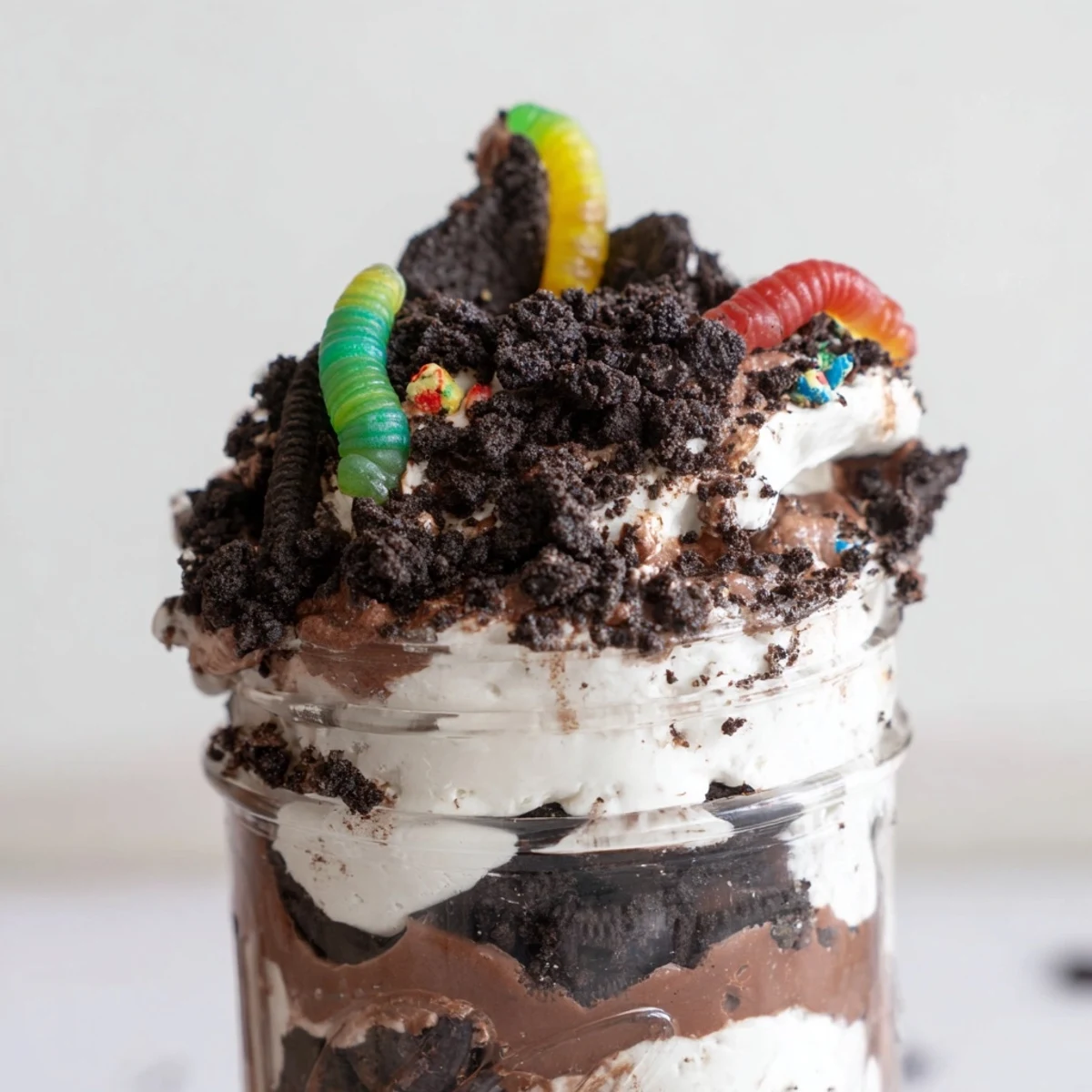 Creamy dirt pudding layered with crushed cookies and playful gummy worms