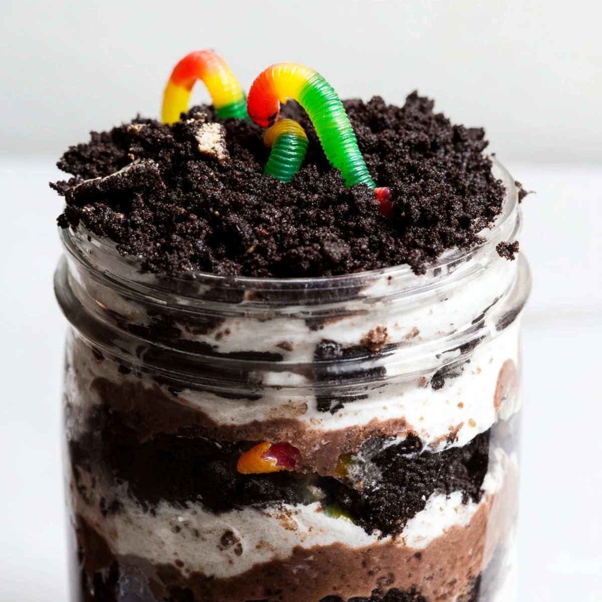 Chocolate dirt pudding served in individual cups topped with Oreo crumbs