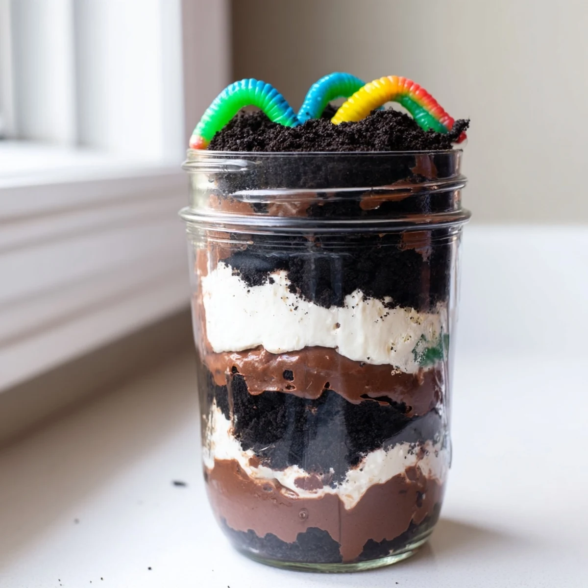 Fun dirt pudding dessert with rich chocolate mousse and cookie crumble layers