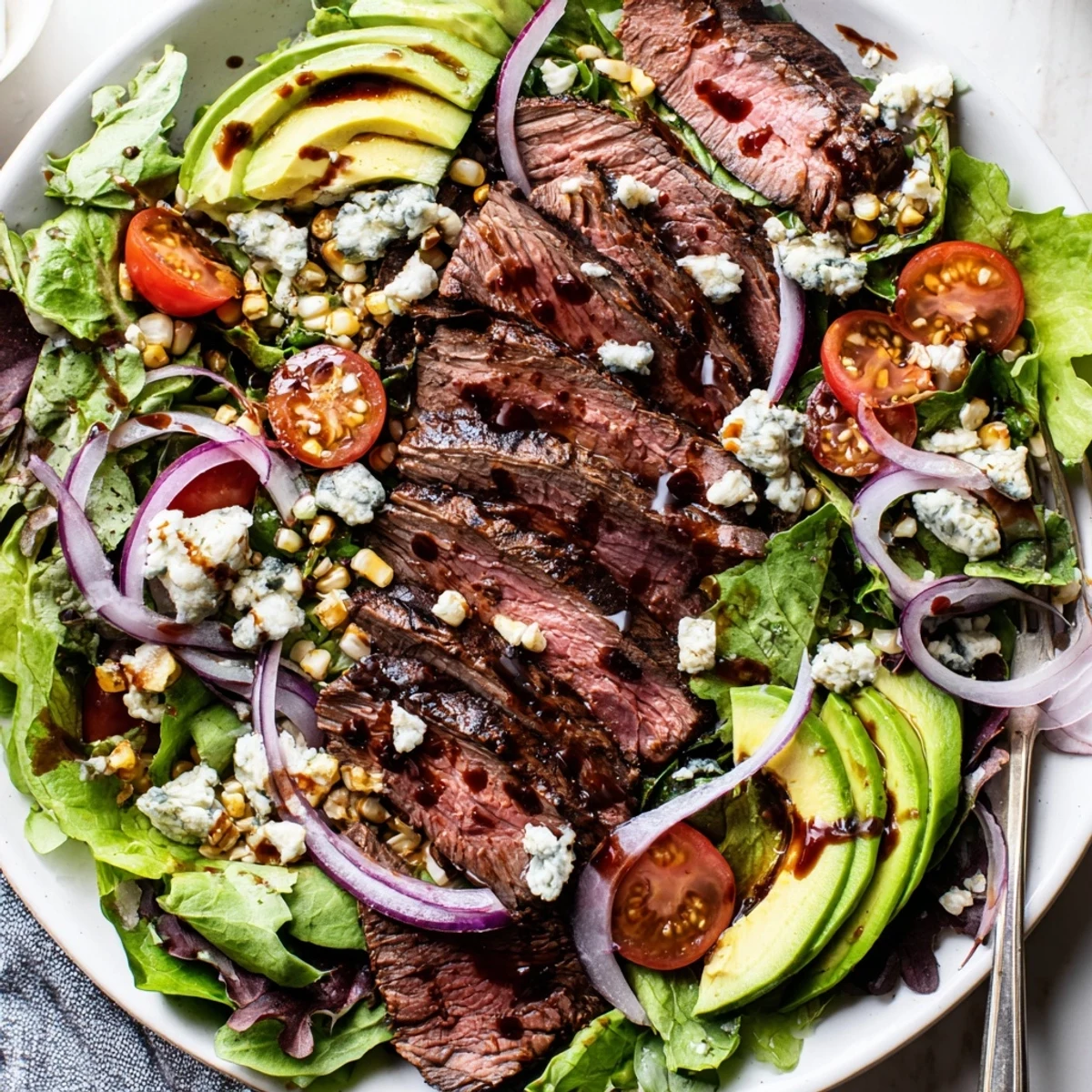 Sliced balsamic steak arranged over a vibrant salad with crumbled Gorgonzola and charred grilled corn kernels.