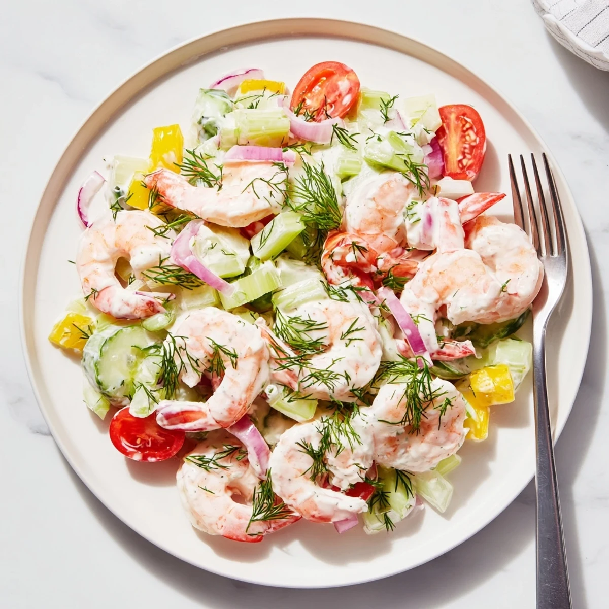 Chilled shrimp salad recipe with pink shrimp, crisp celery, and zesty lemon dressing