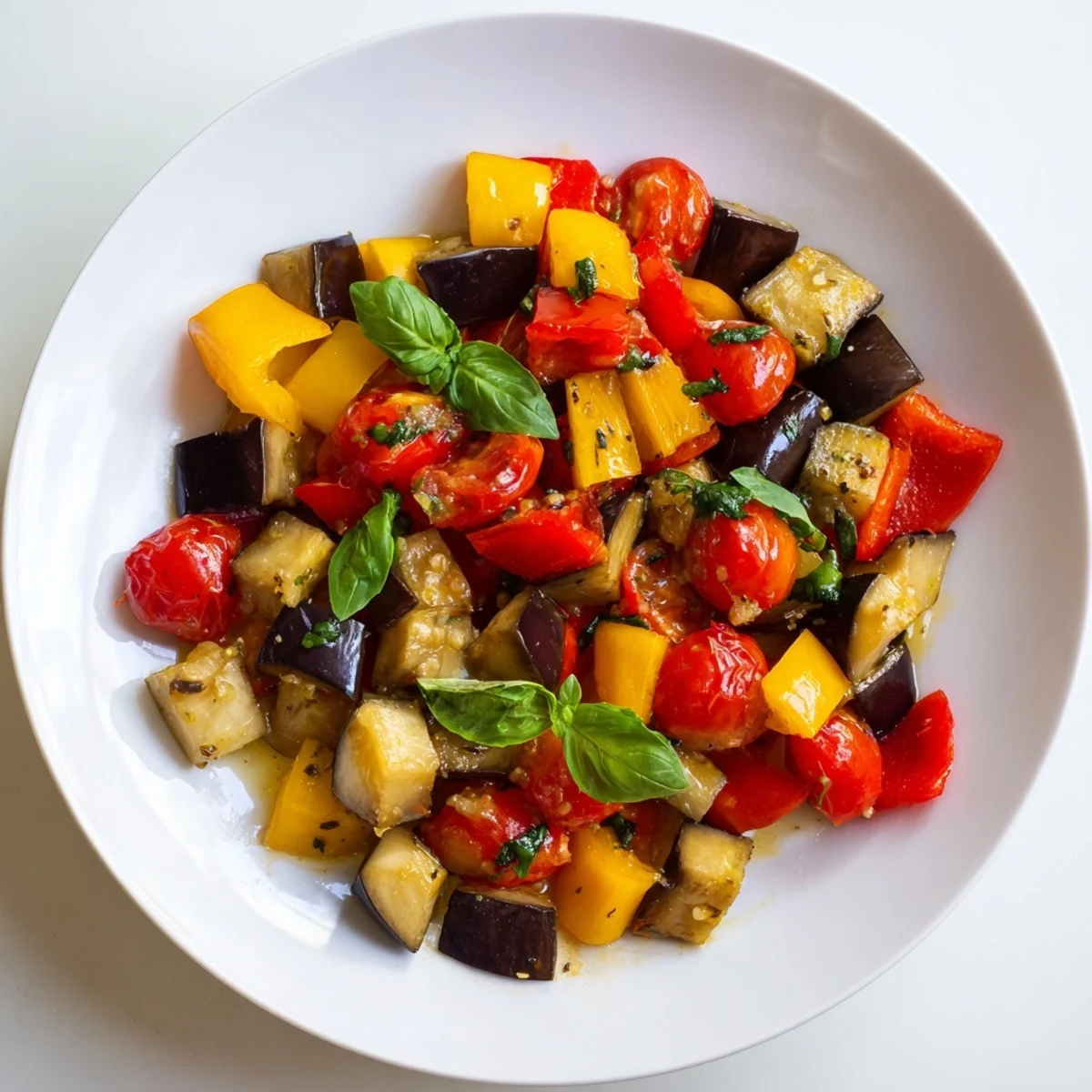 Golden caramelized classic Mediterranean roasted vegetables served warm on a rustic platter