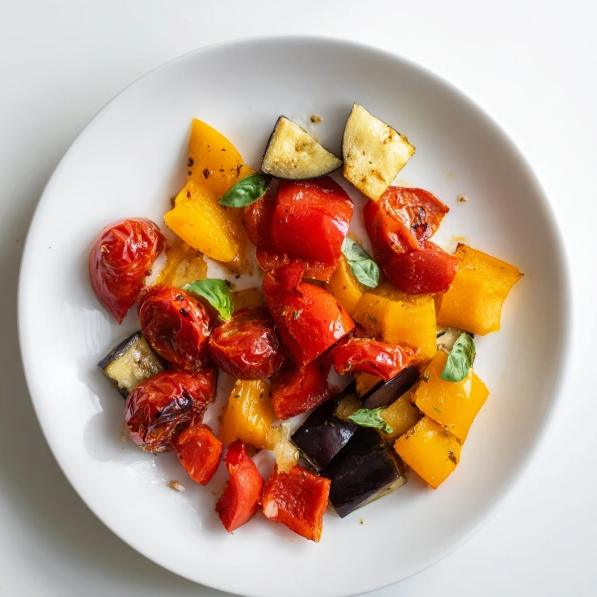 Colorful classic Mediterranean roasted vegetables with tender edges and fresh basil garnish