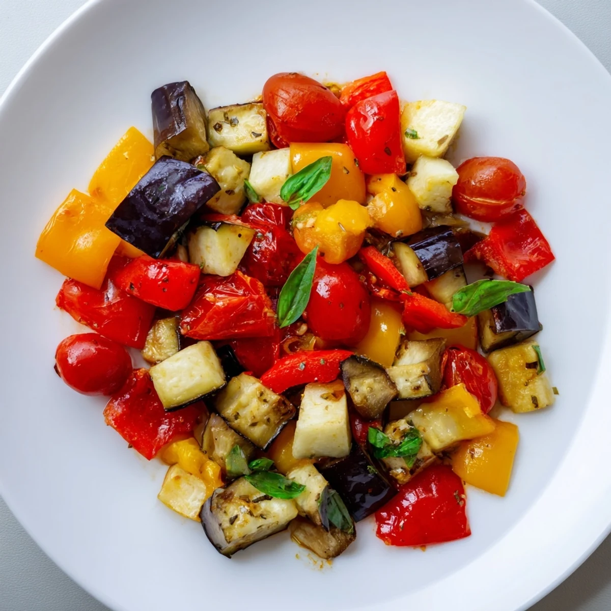 A steaming pan of classic Mediterranean roasted vegetables with garlic and herbs